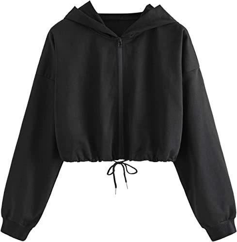 Women's Casual Full Zip Crop Top Hoodie Sweatshirt Jacket