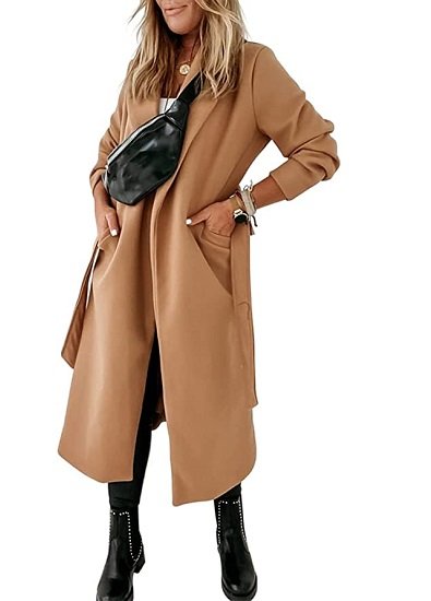 Womens Classic Coat Lapel Collar Open Front Belted Long Jacket