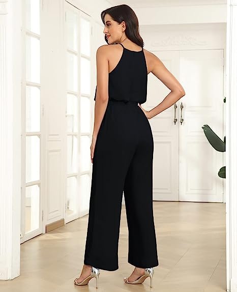 Women Jumpsuits Dressy Halter Neck Sleeveless Elastic Waist Elegant Wedding Wide Leg Romper with Pockets