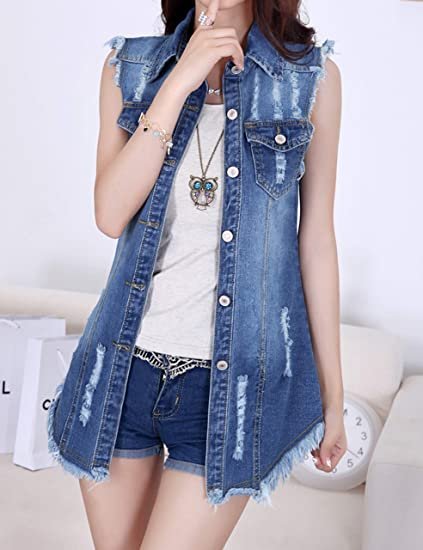 Women's Sleeveless Button Down Ripped Denim Jean Vest Waistcoat Jacket