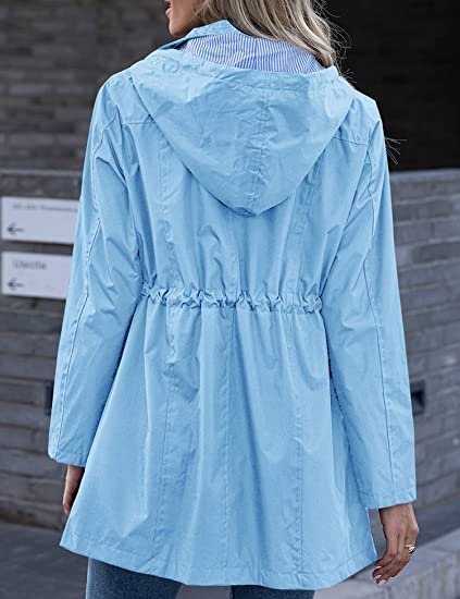Rain Jacket Women Striped Lined Hooded Lightweight Raincoat Outdoor Waterproof Windbreaker
