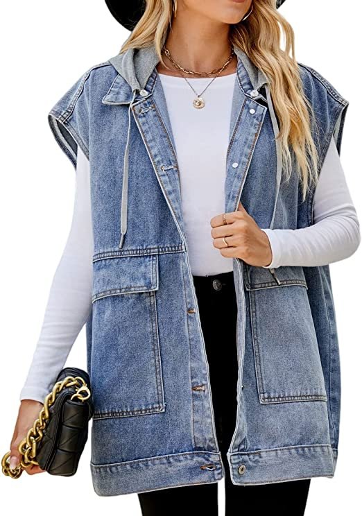 Women's Oversized Denim Vest Mid Long Jean Vest Sleeveless Jackets