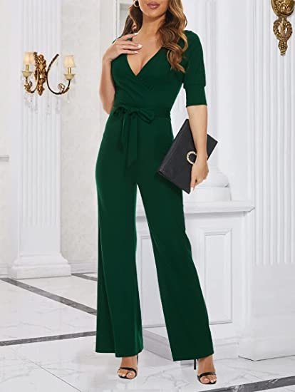 Women's Summer Elegant Jumpsuit Wrap Top High Waist Wide Leg Long Pants Romper Jumpsuits