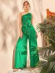 Women's Solid One Shoulder Sleeveless Belted Wide Leg Pants Jumpsuit