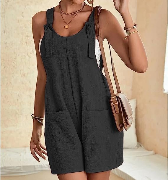 Women's Casual Loose Sleeveless Jumpsuit Shorts Linen Adjustable Knot Strap Short Overalls Pocketed