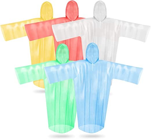 5 Pack Rain Poncho Set Colorful Disposable Rain Poncho for Adults with Drawstring Hood and Sleeves