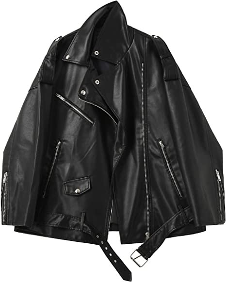Women Faux Leather Jacket Lapel Collar Motorcycle Zip Up Long Sleeve Motor Biker Short Coat Jacket