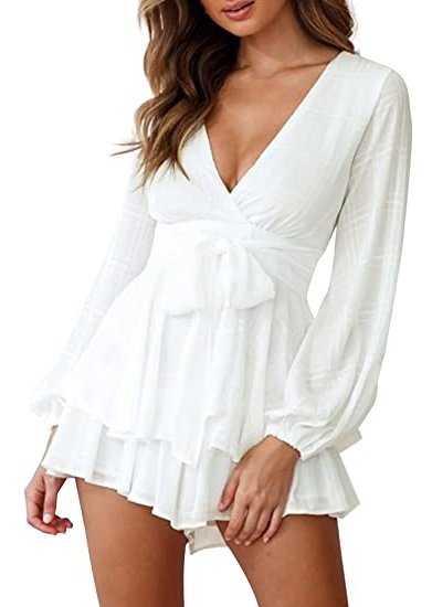 Women's Floral Print Deep V-Neck Romper Double Layer Ruffle Hem Jumpsuits Long Baggy Sleeves